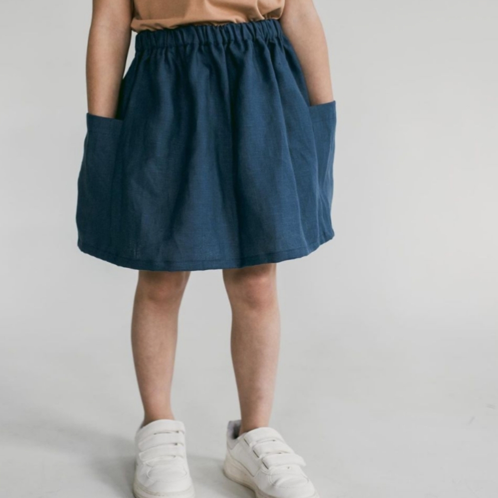 100% Linen Skirt by Haven Kids, Blue Pockets, Flare Twirl Canadian 6-7 Years